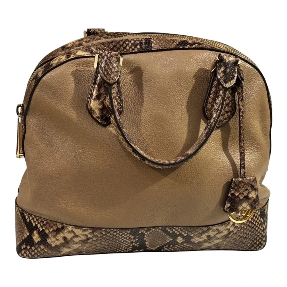 Michael Kors Tan Pebbled Leather Snakeskin Embossed Dome Satchel Handbag